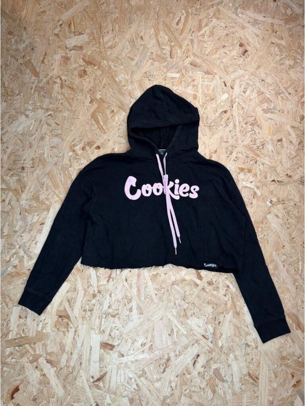 Cookies SF Womens Crop Hoodie Small Black Pink Logo Raw Hem Hooded Sweatshirt